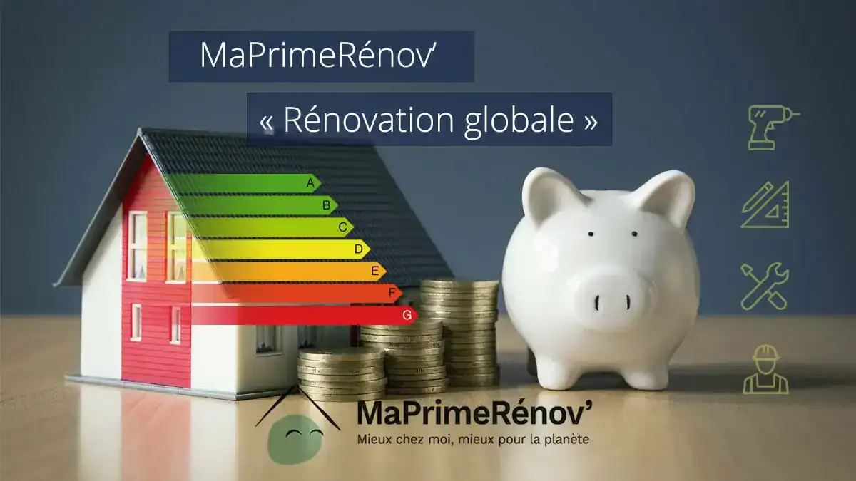 MaPrimeRénov' Rénovation Globale à Toulouse : Illustration maison avec étiquette énergie DPE et tirelire pour les économies.