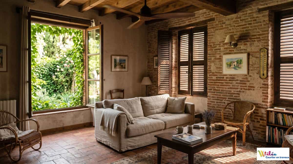 Photographie éditoriale de l'intérieur frais d'un salon de maison toulousaine rénovée, avec briques apparentes et sol en terre cuite. Un canapé en lin est visible, un ventilateur de plafond tourne, et les volets persiennes filtrent la lumière du soleil face à un jardin luxuriant. Un thermomètre au mur indique 24°C. Ce visuel illustre le confort thermique obtenu grâce à une performance d'isolation efficace durant une canicule en Occitanie.