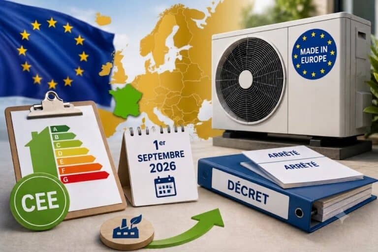 Pompe à chaleur air-eau fabriquée en Europe avec calendrier au 1er septembre 2026, dossier décret CEE et carte de l'Europe en jaune avec la France en vert.
