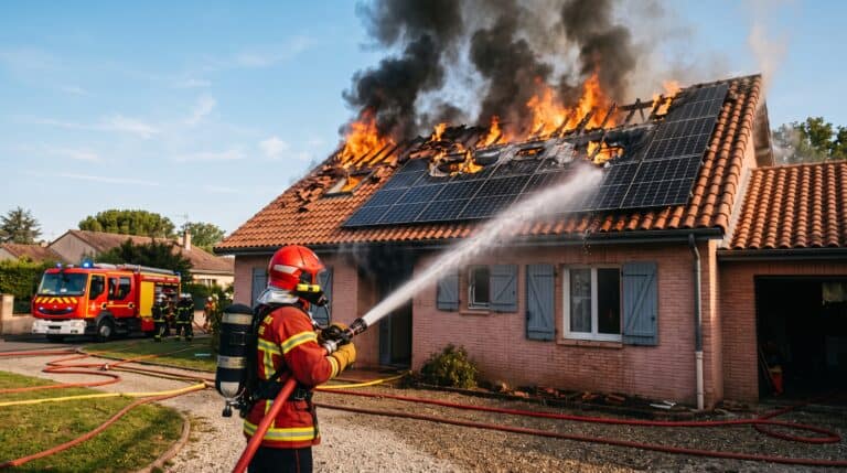 Pompiers éteignant un incendie sur un toit avec des panneaux solaires en flammes, situation d'urgence à Toulouse.