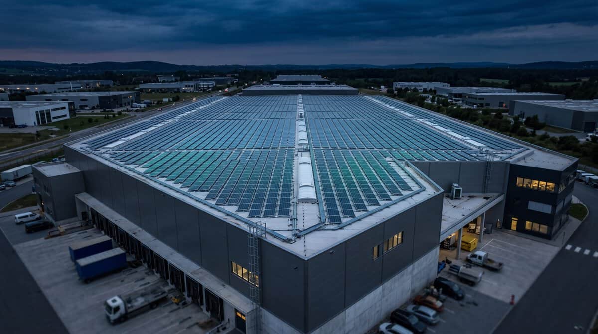 Toiture solaire d'un bâtiment industriel à Toulouse, production partagée entre plusieurs sites en autoconsommation collective ACC. Centrale solaire par abonnement avec garantie contractuelle de production, maintenance et SAV.