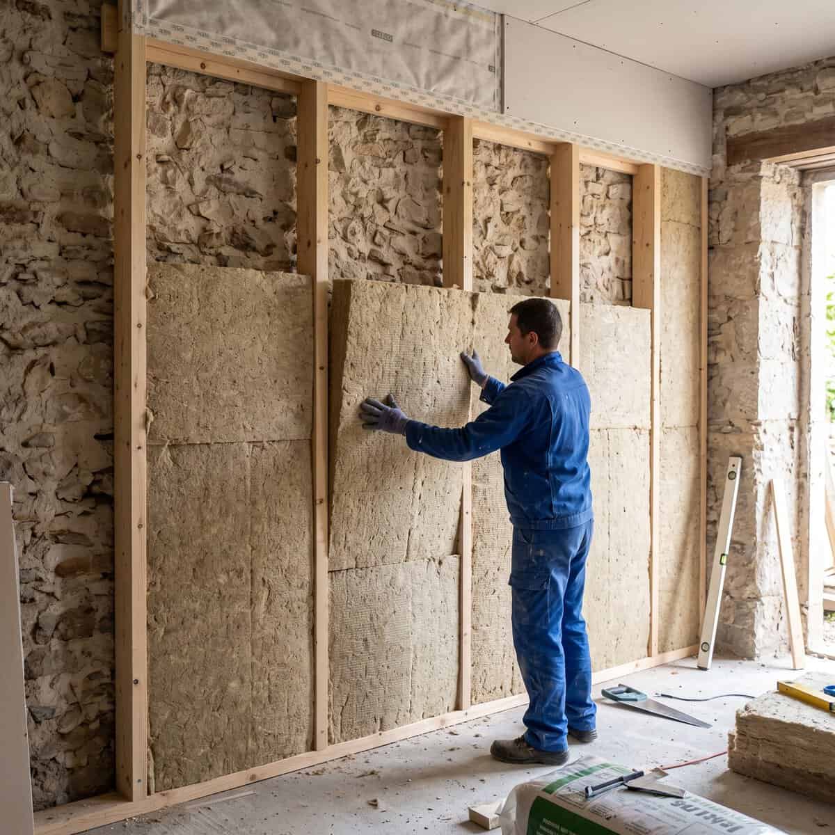 Artisan posant un panneau d'isolant biosourcé entre des tasseaux en bois sur un mur en pierre ancienne à Toulouse.