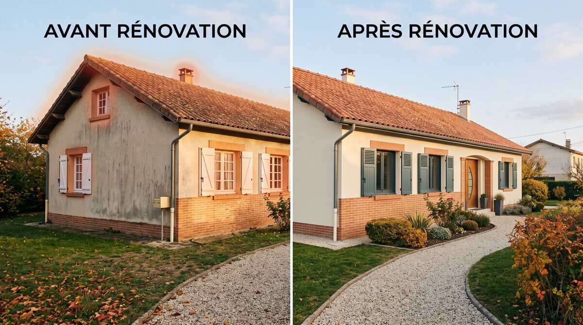 Transformation d'une maison ancienne à Toulouse avec isolation, panneaux solaires et nouvelle façade après rénovation.